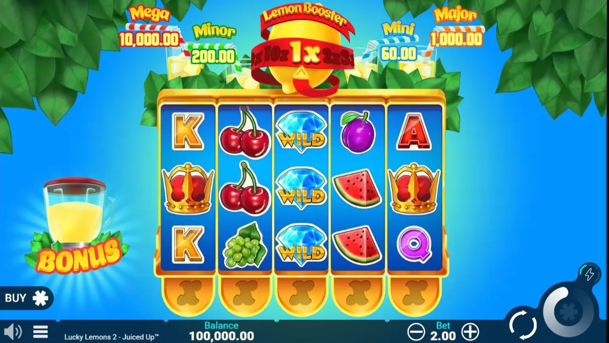 Interface vibrante do slot Lucky Lemons 2 Juiced Up com símbolos de frutas e multiplicadores