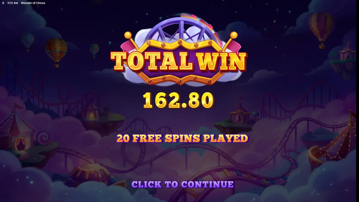 Interface vibrante do jogo Wonder of Circus com elementos de circo e neon