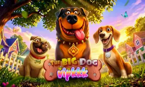 Interface colorida e amigável do slot The Big Dog House com personagens caninos.